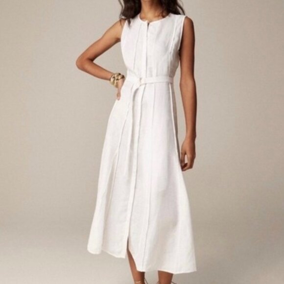 J. Crew White Seamed Linen Midi Dress with Removable Belt Size L - Picture 4 of 12